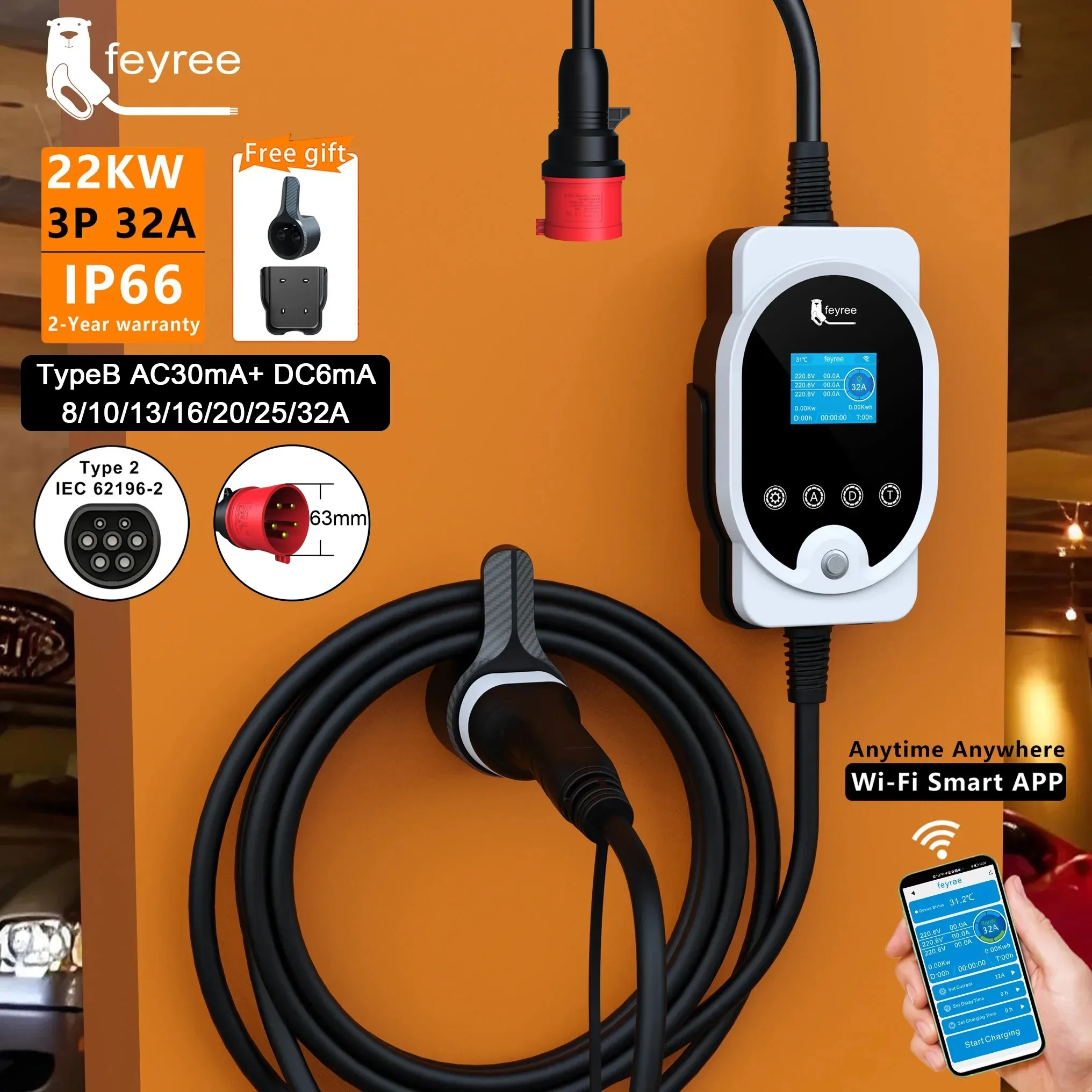 Ev Charger Type 2 22Kw 32A 3 Phase - Feyree 22KW Type2 Câble EVSE Wallbox